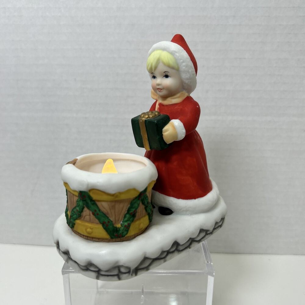 VTG Christmas Girl Present Candle Holder Bisque Porcelain Artist M Workman 1986